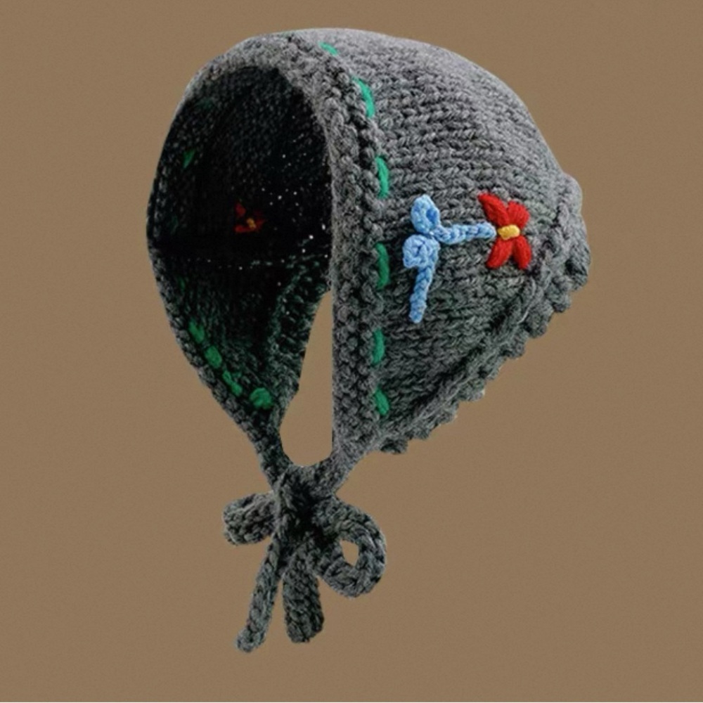 Gray Knit Bonnet with Floral Embroidery